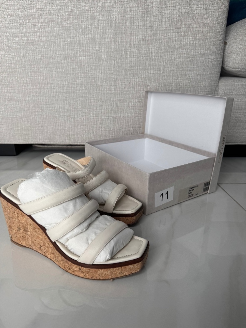 Jimmy Choo Athenia 90 Latte Leather Cork Wedge Sandals – Size 39.5
